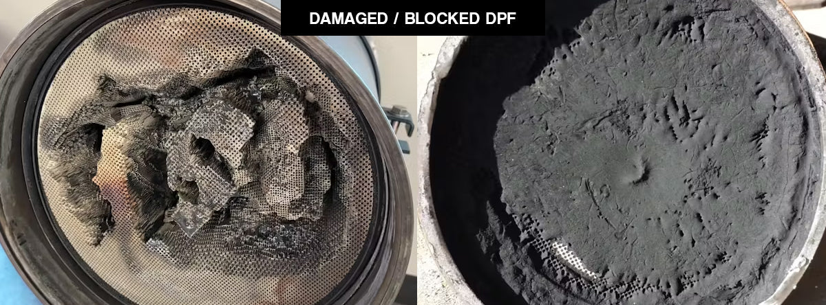 A damaged DPF on the left and a blocked DPF on the right