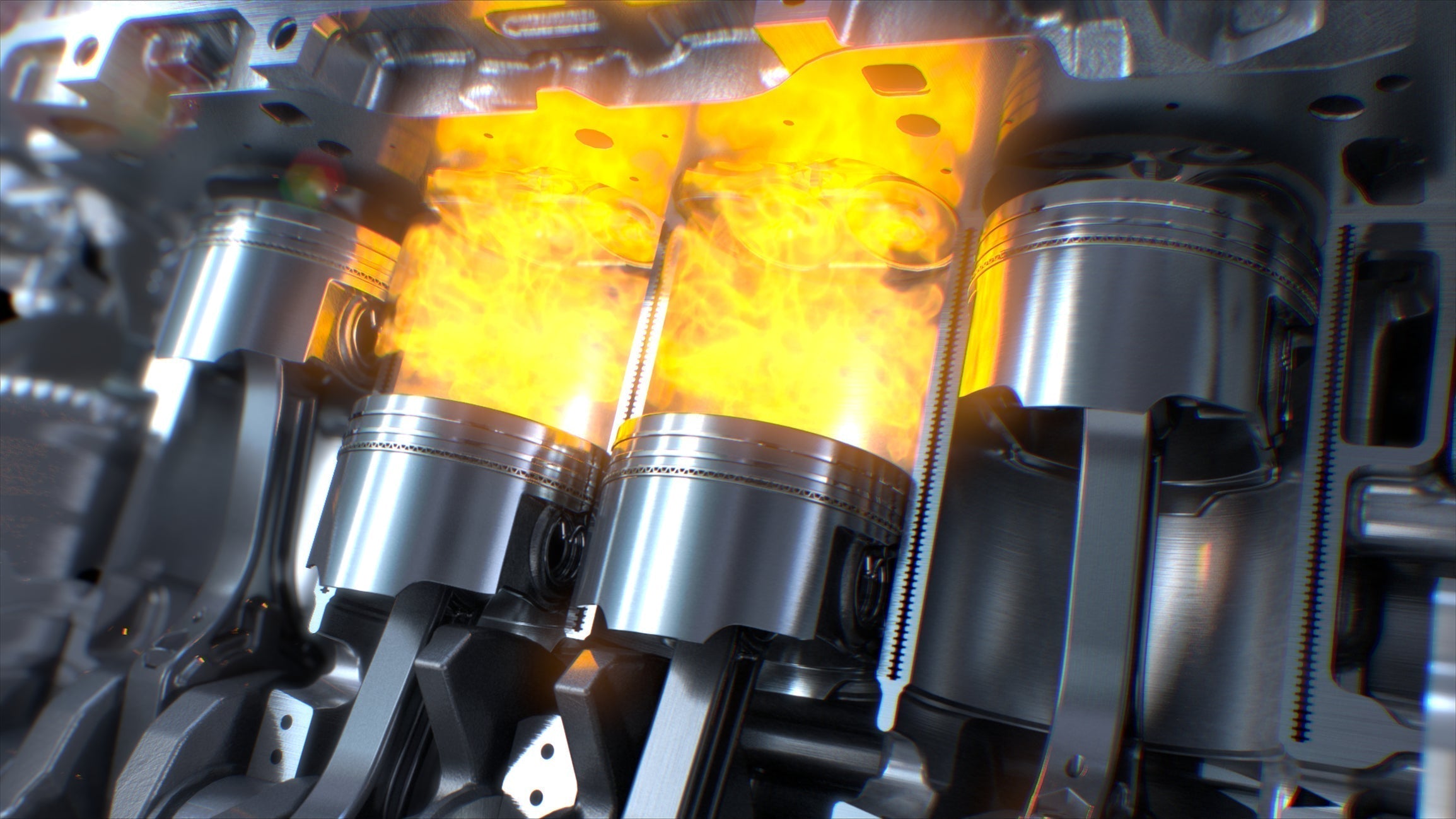 Close-up of a petrol engine with highlighted combustion chamber