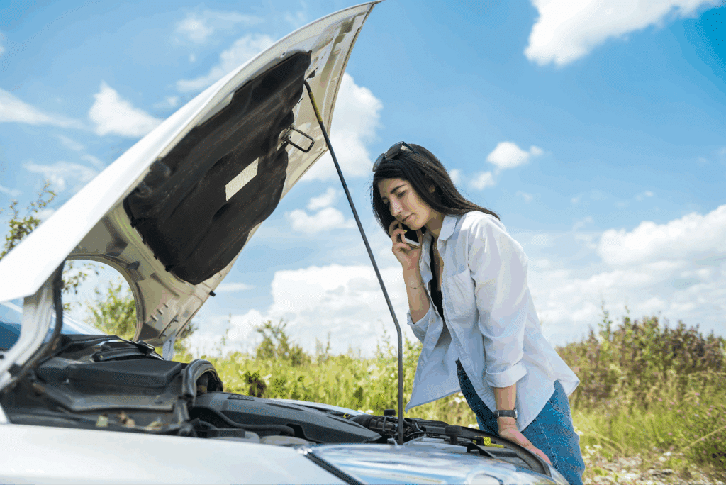 Young woman looks under the car bonnet due to a car breakdown in summer.